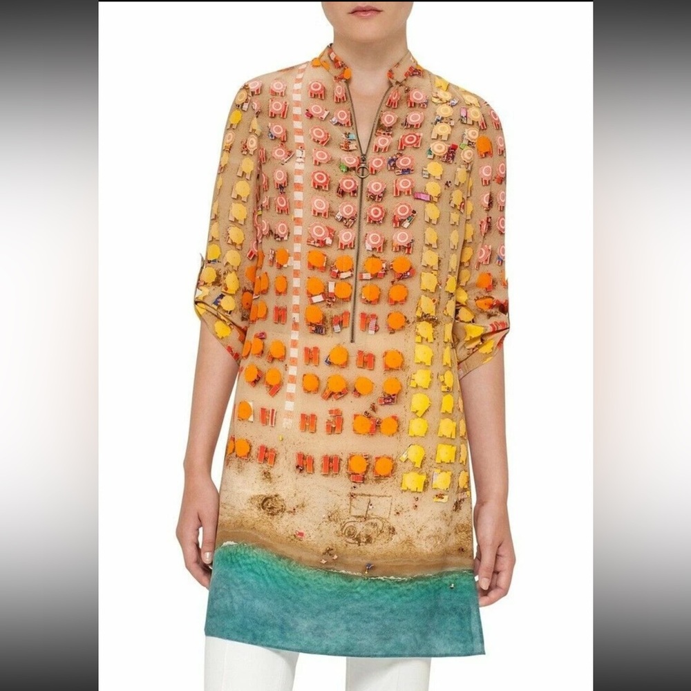 NWT $995 AKRIS Punto Riviera Print Silk Tunic Blouse